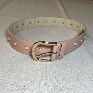 Blush Pink Vegan Leather Belt with Faux Pearl Studs ~39"
